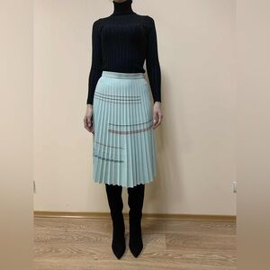 Carven Light Blue Pleated Midi Skirt with Stripe Accents